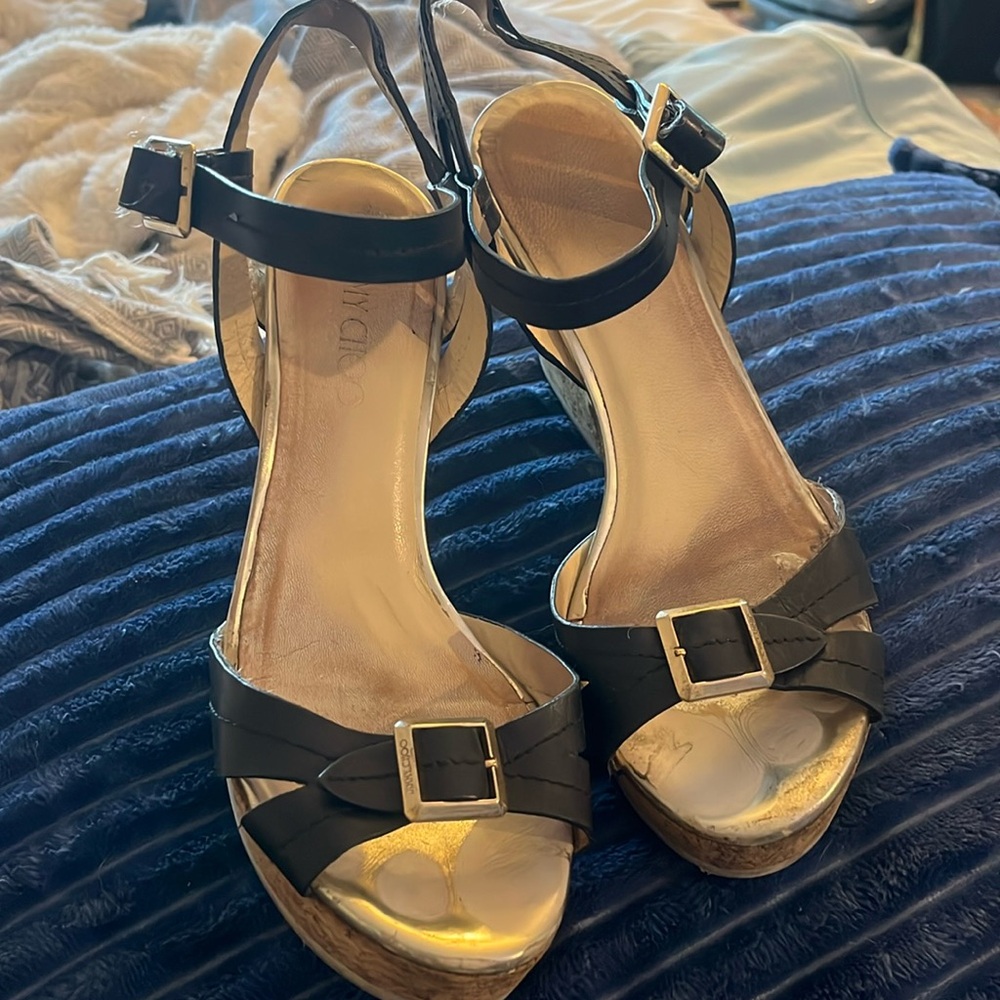 Jimmy Choo Black Gold Cork Wedge Heel